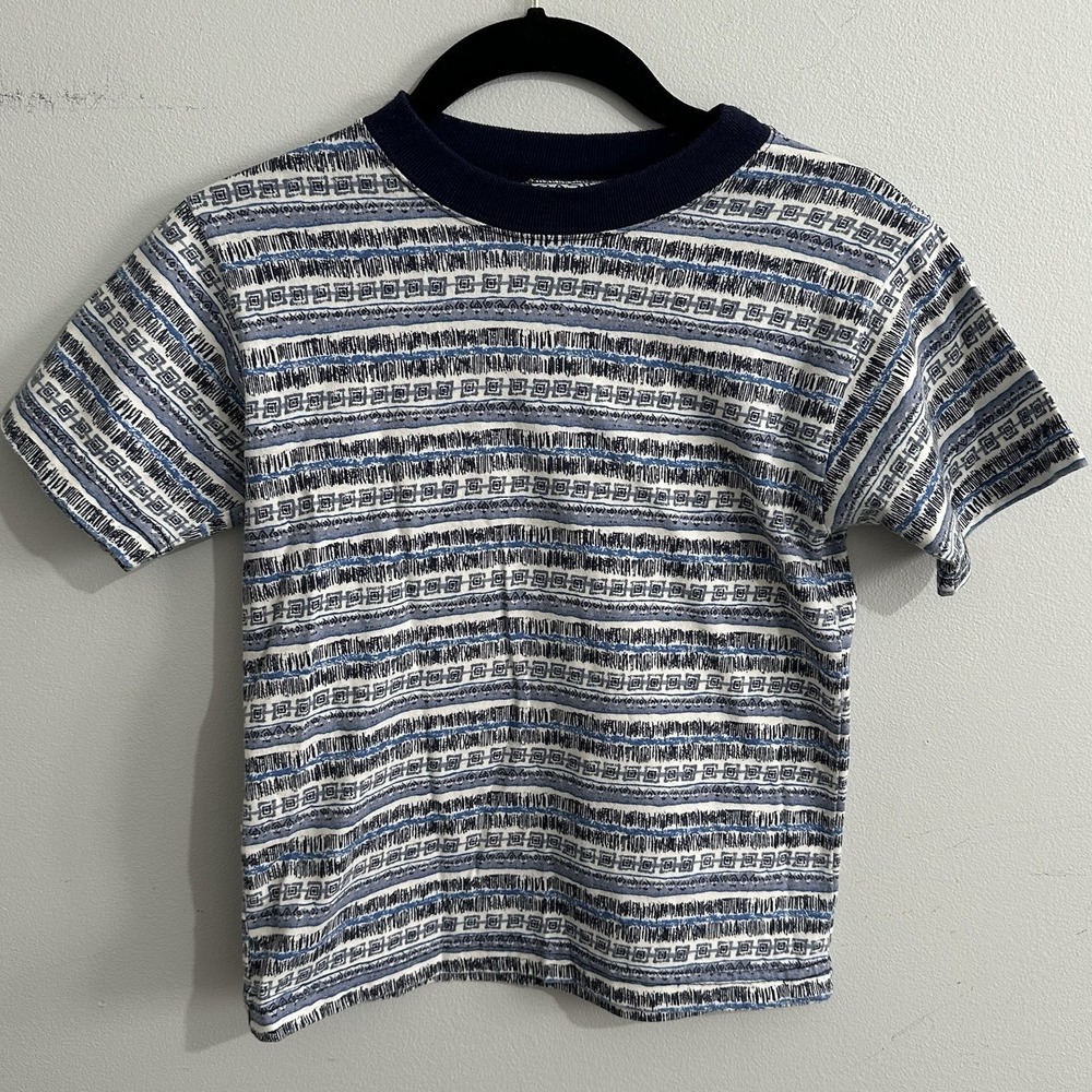 Vintage 90s Basic Editions Retro Stripe T Shirt Blue Boys Size Youth 8 USA